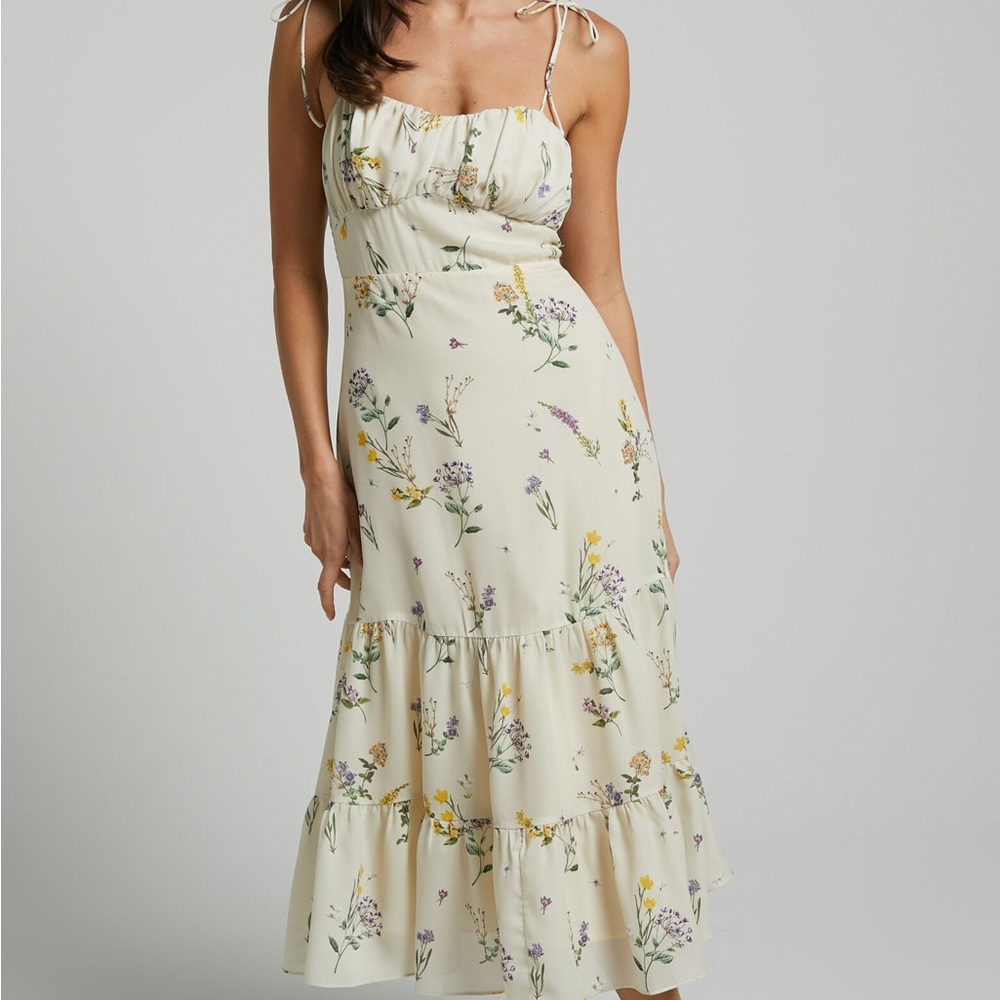 Showpo Monaco Strappy Botanical Sweetheart Tiered Midi Dress